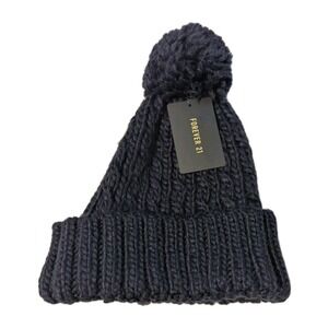 Forever 21 Womens Cable Knit Hat Pom Pom Beanie Hat Navy Blue One Size Stretchy